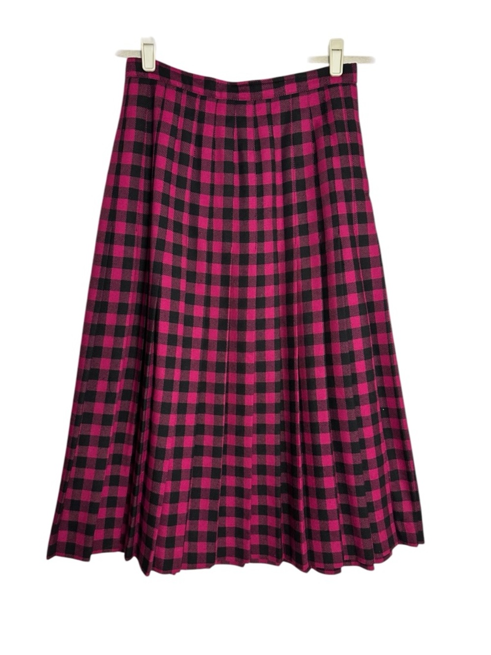 CHRISTIAN DIOR Vintage Wool Pleated Skirt Fuschia Black‎ Check Midi Paris 12